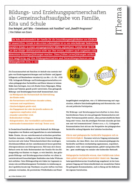 Bildungs- und Erziehungspartnerschaften als Gemeinschaftsaufgabe von Familie, Kita und Schule - Das Beispiel "mY kita -  Gemeinsam mit Familien" und "familY-Programm"