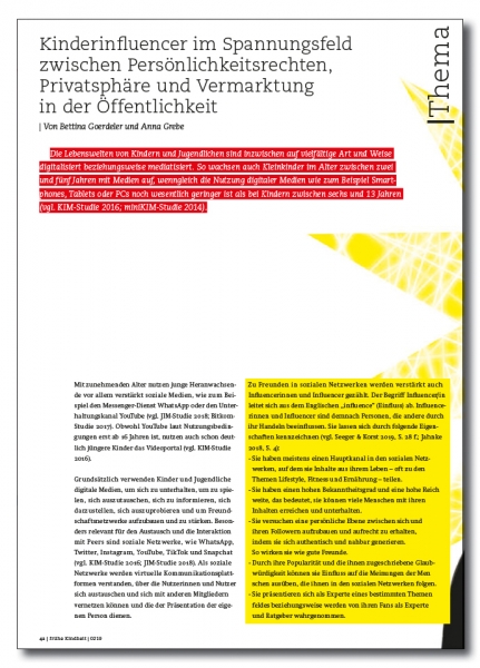 Kinderinfluencer im Spannungsfeld zwischen Persönlichkeitsrechten, Privatsphäre und Vermarktung in der Öffentlichkeit